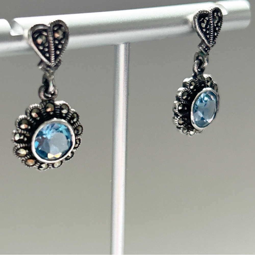 Vintage Blue Topaz Marcasite Dangling Flower Signed Sterling Silver Earrings - Picture 7 of 12